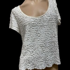 Pre-owned White Stretchy Shirt w SEQUINS overall Misses LARGE